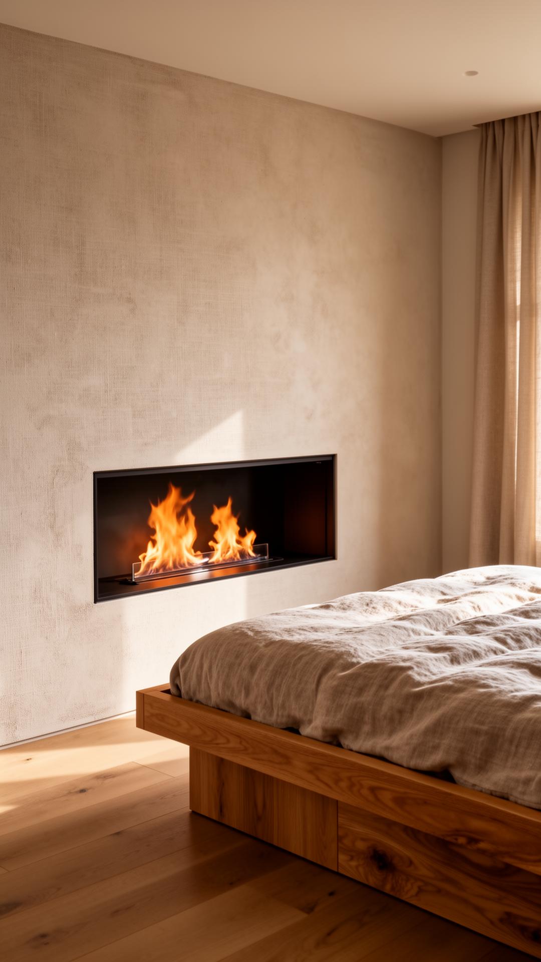 Linen-walled bedroom warmed by a recessed bioethanol fireplace