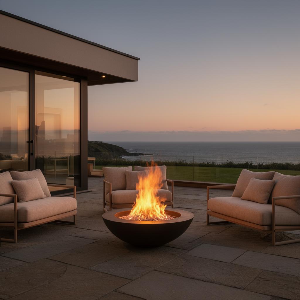 Coastal terrace gathered around a bioethanol fire bowl