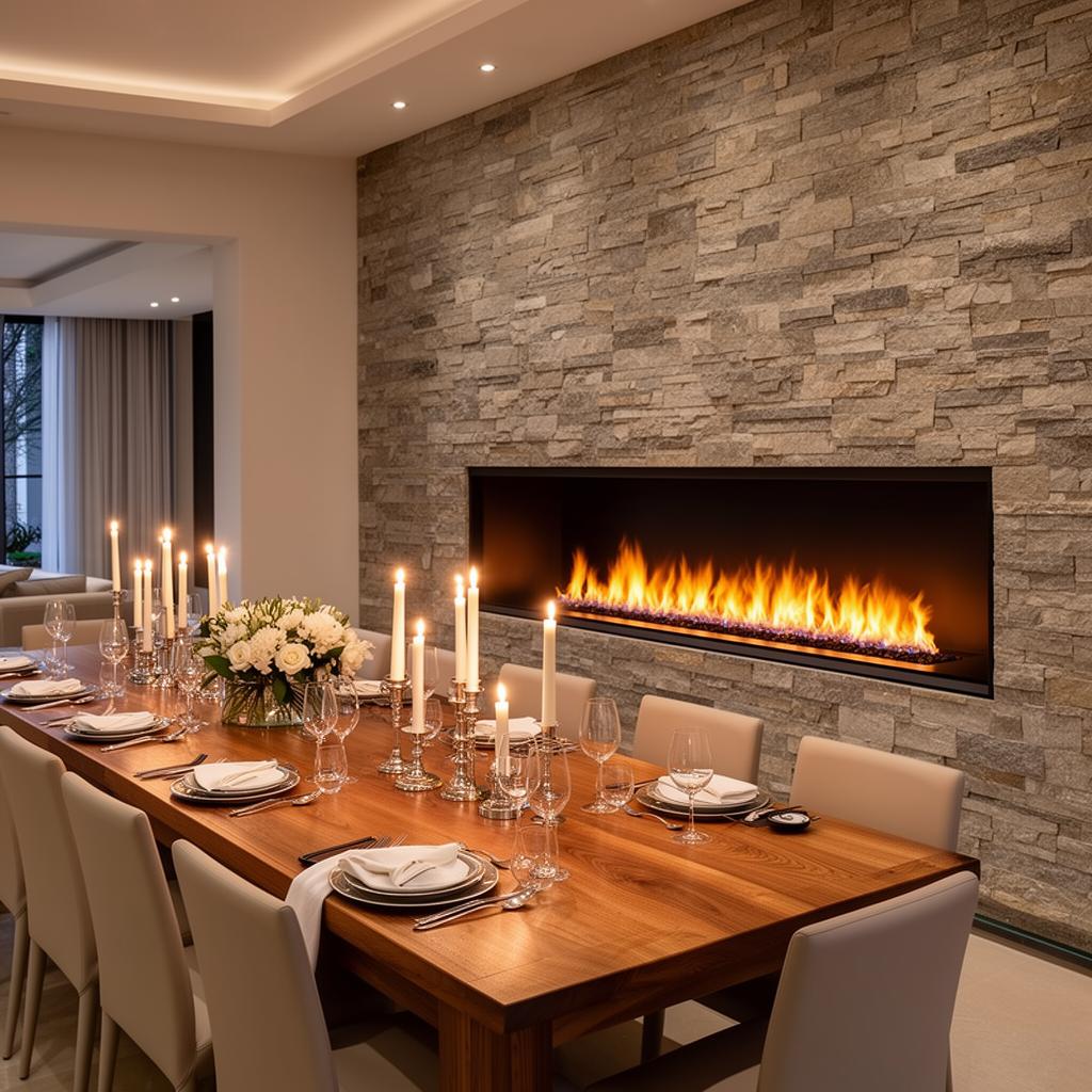 Stone-clad dining room anchored by a linear bioethanol fireplace