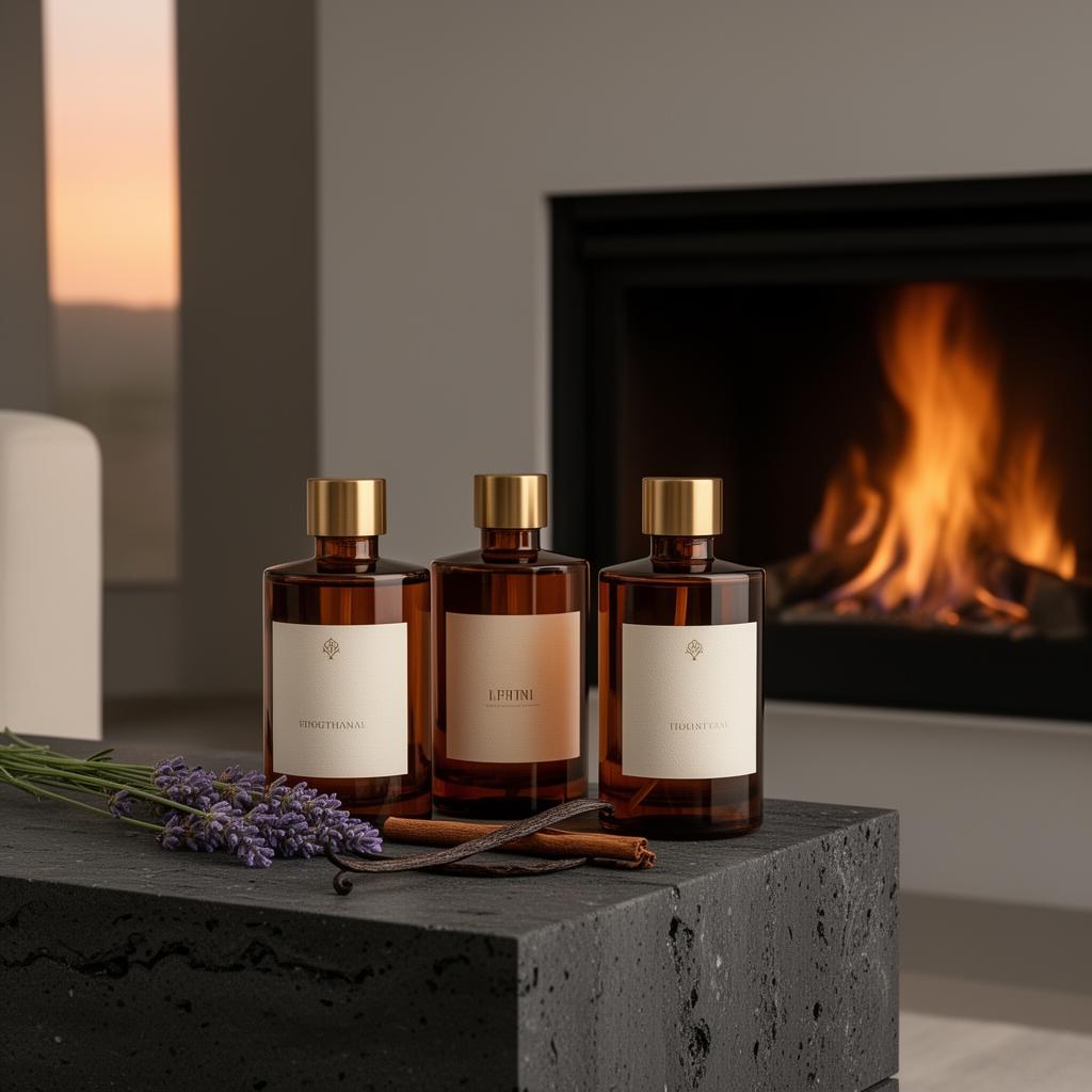 Premium scented bioethanol fuel beside a contemporary fireplace